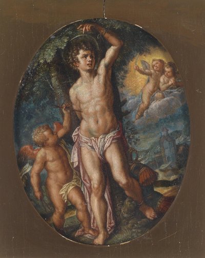 Engelen verzorgen de gemartelde heilige Sebastianus door Circle of Hans Rottenhammer